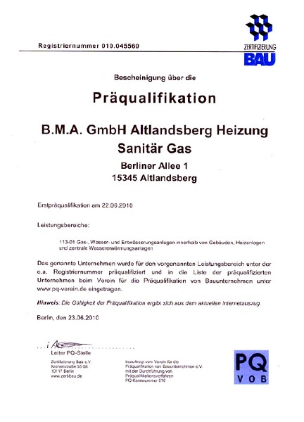 Zertifikat der B.M.A. GmbH