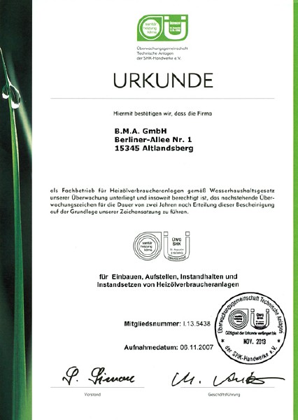 Zertifikat der B.M.A. GmbH